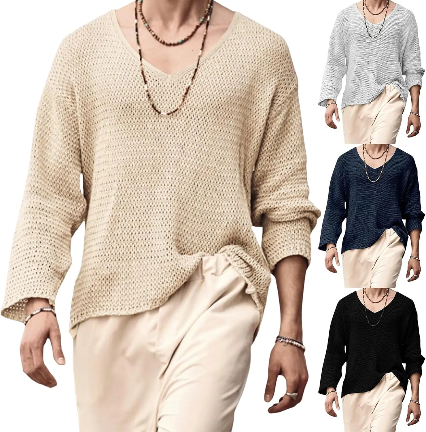 Mens V Neck Pullover Sweater Lightweight Long Sleeve Knit Sweaters Casual Solid Color Fall Jumper Tops