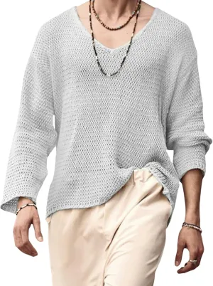 Mens V Neck Pullover Sweater Lightweight Long Sleeve Knit Sweaters Casual Solid Color Fall Jumper Tops