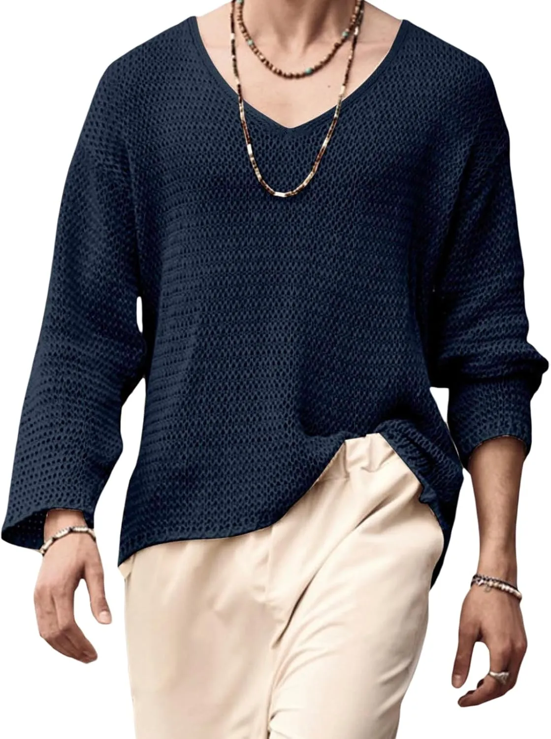 Mens V Neck Pullover Sweater Lightweight Long Sleeve Knit Sweaters Casual Solid Color Fall Jumper Tops