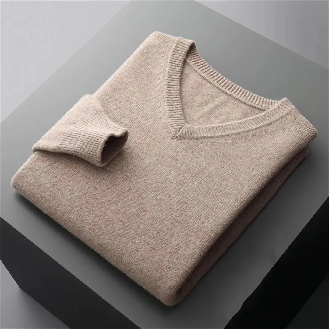 Men's V-Neck Solid Pullovers Loose Knit Base Shirt Business Sweater Tops