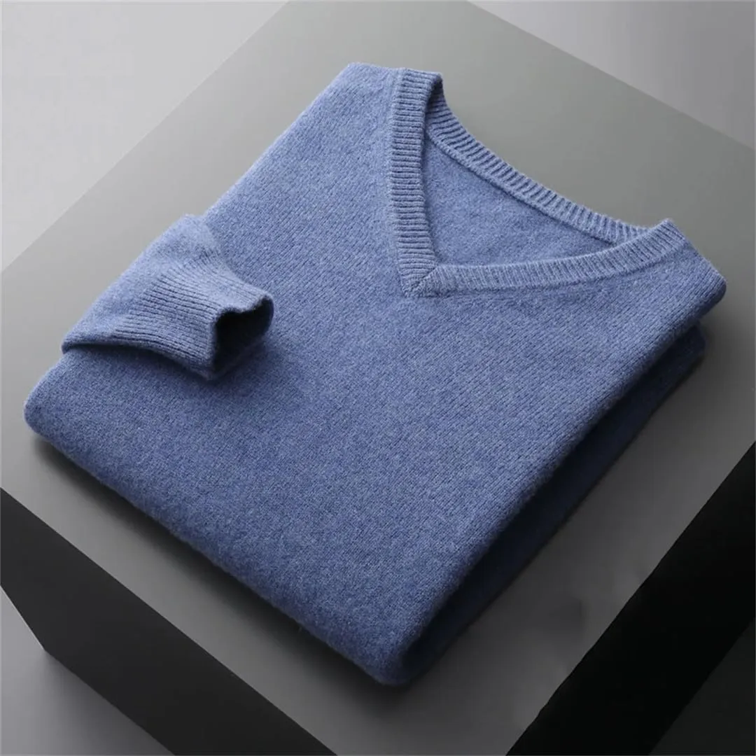 Men's V-Neck Solid Pullovers Loose Knit Base Shirt Business Sweater Tops