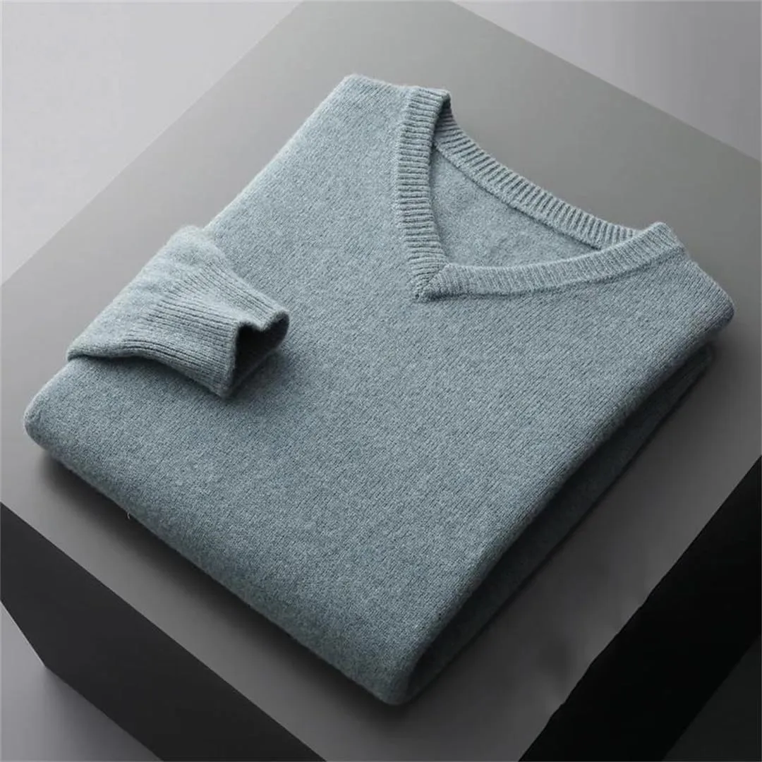 Men's V-Neck Solid Pullovers Loose Knit Base Shirt Business Sweater Tops