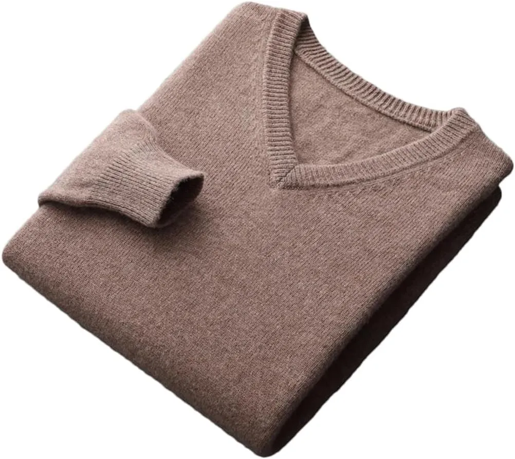Men's V-Neck Solid Pullovers Loose Knit Base Shirt Business Sweater Tops