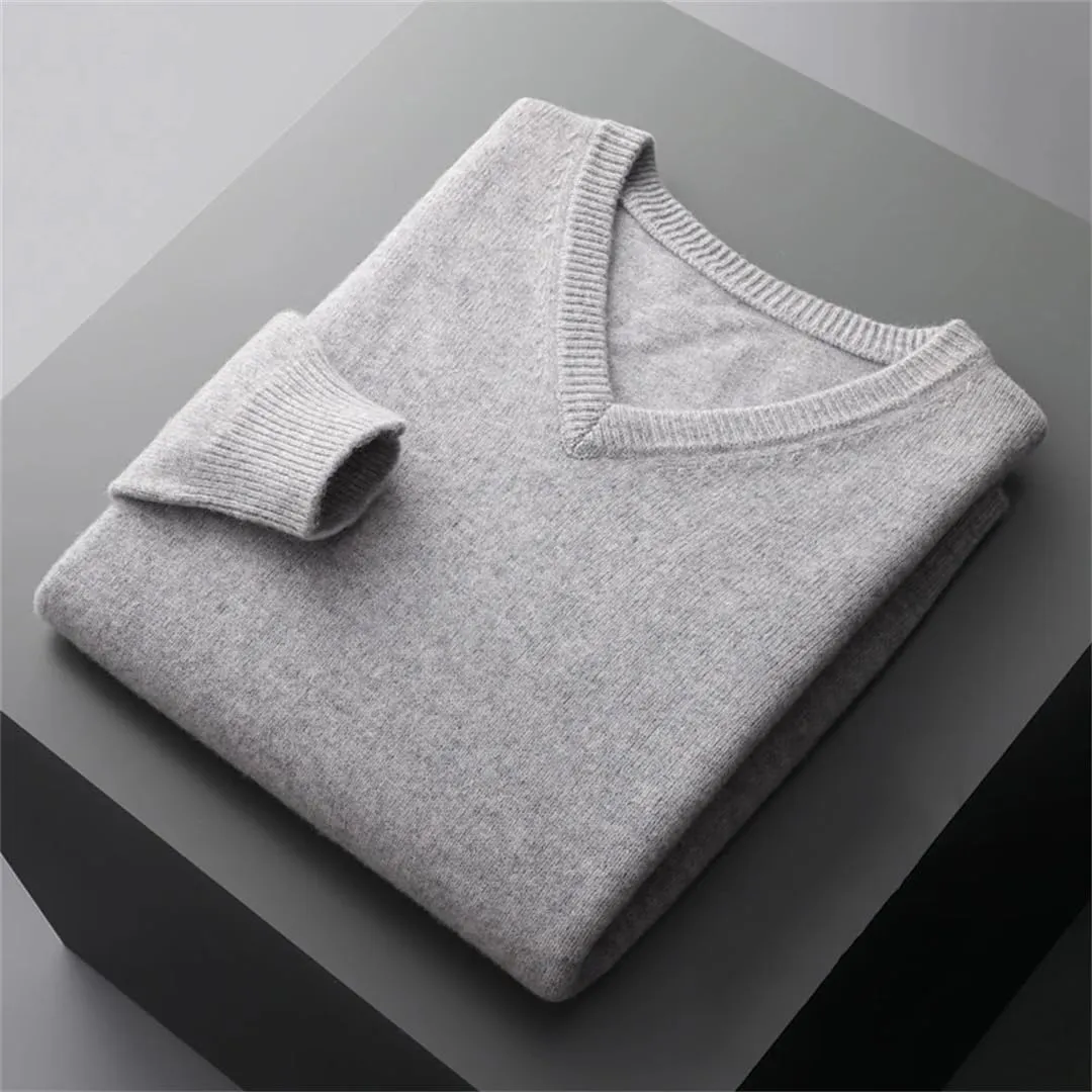 Men's V-Neck Solid Pullovers Loose Knit Base Shirt Business Sweater Tops
