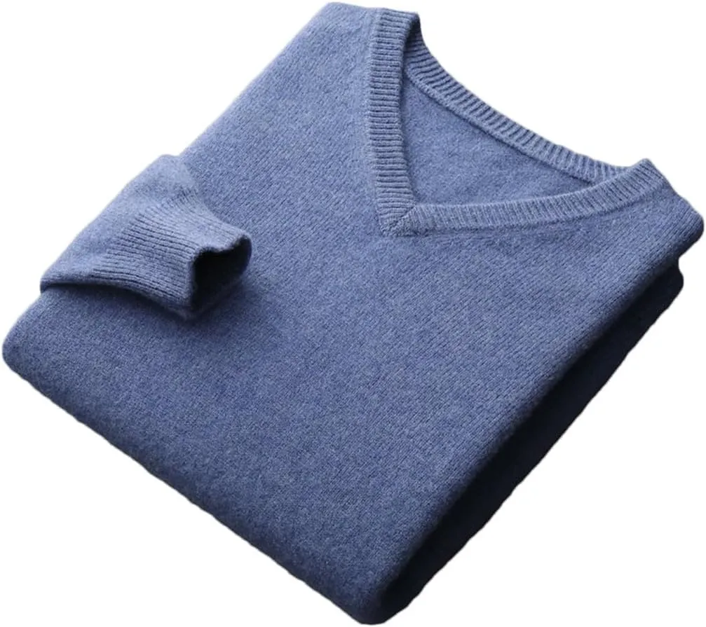 Men's V-Neck Solid Pullovers Loose Knit Base Shirt Business Sweater Tops