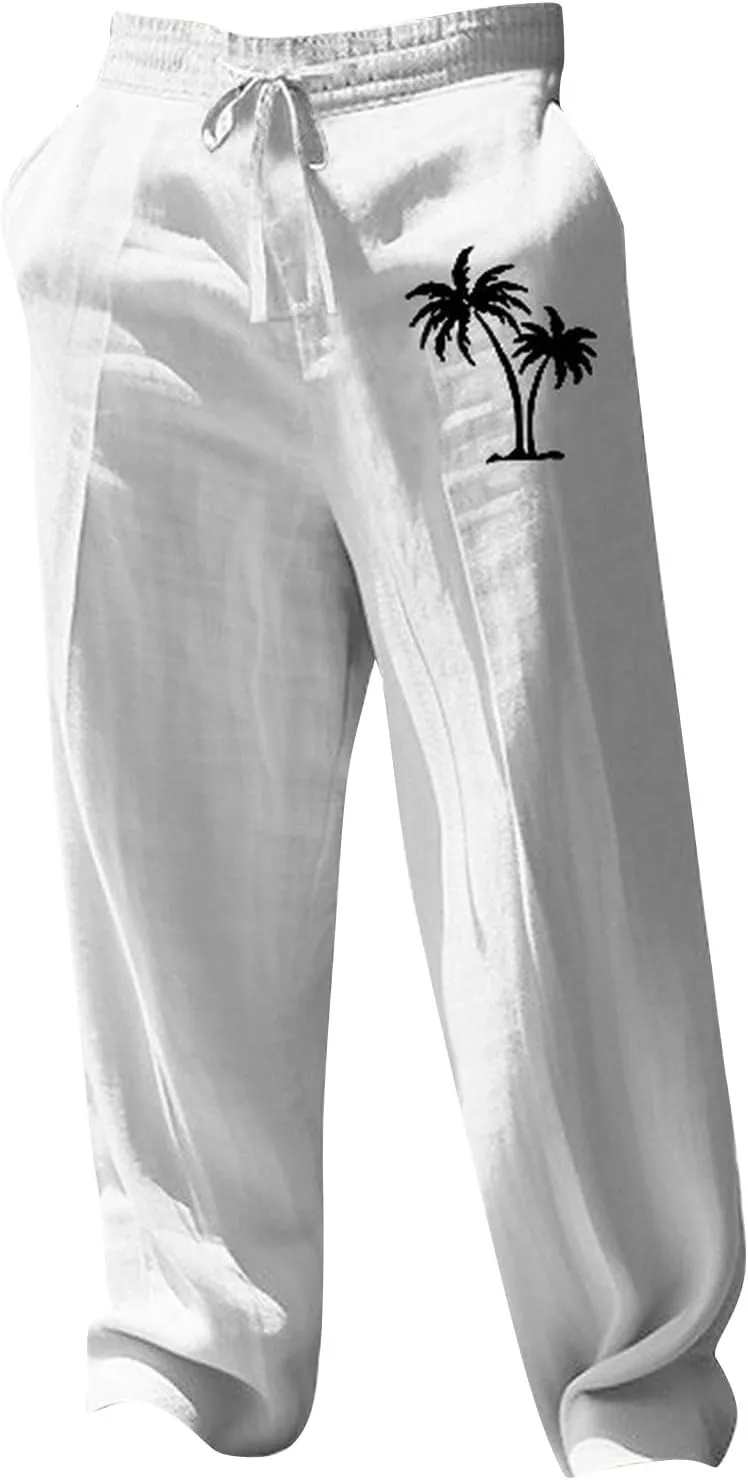 Mens Wide Leg Linen Pants Yoga Beach Loose Fit Casual Tree Print Summer Pants Elastic Waist Drawstring Baggy Trousers