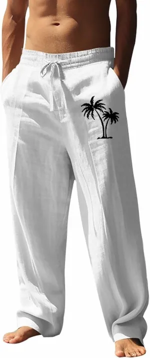Mens Wide Leg Linen Pants Yoga Beach Loose Fit Casual Tree Print Summer Pants Elastic Waist Drawstring Baggy Trousers