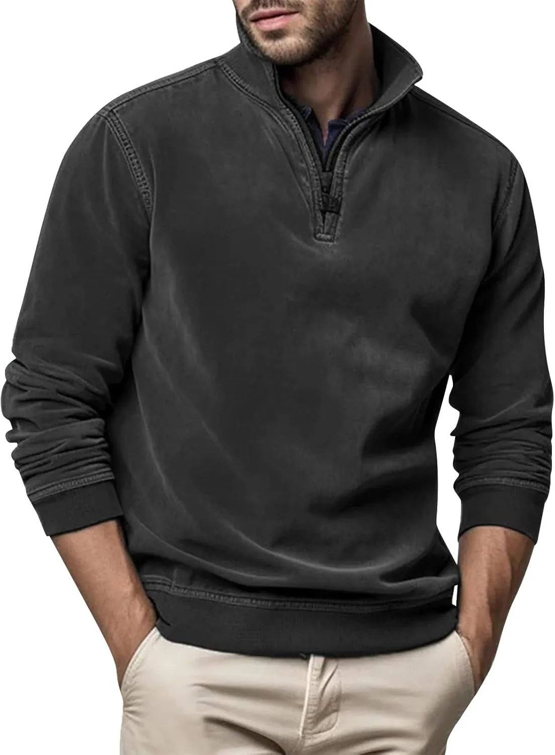 Men's Zip Collar Sweater Activewear Solid Vintage Jackets Long Sleeve Comfort Warm Sweatshirts with Elbow Patches