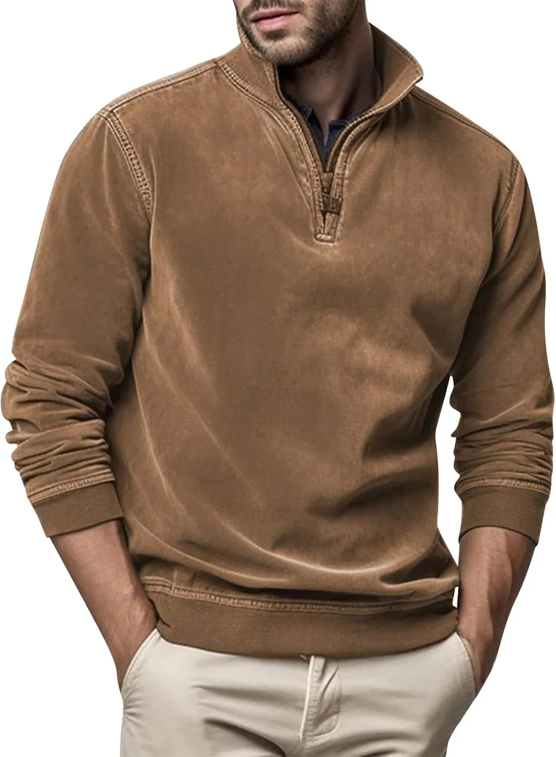 Men's Zip Collar Sweater Activewear Solid Vintage Jackets Long Sleeve Comfort Warm Sweatshirts with Elbow Patches