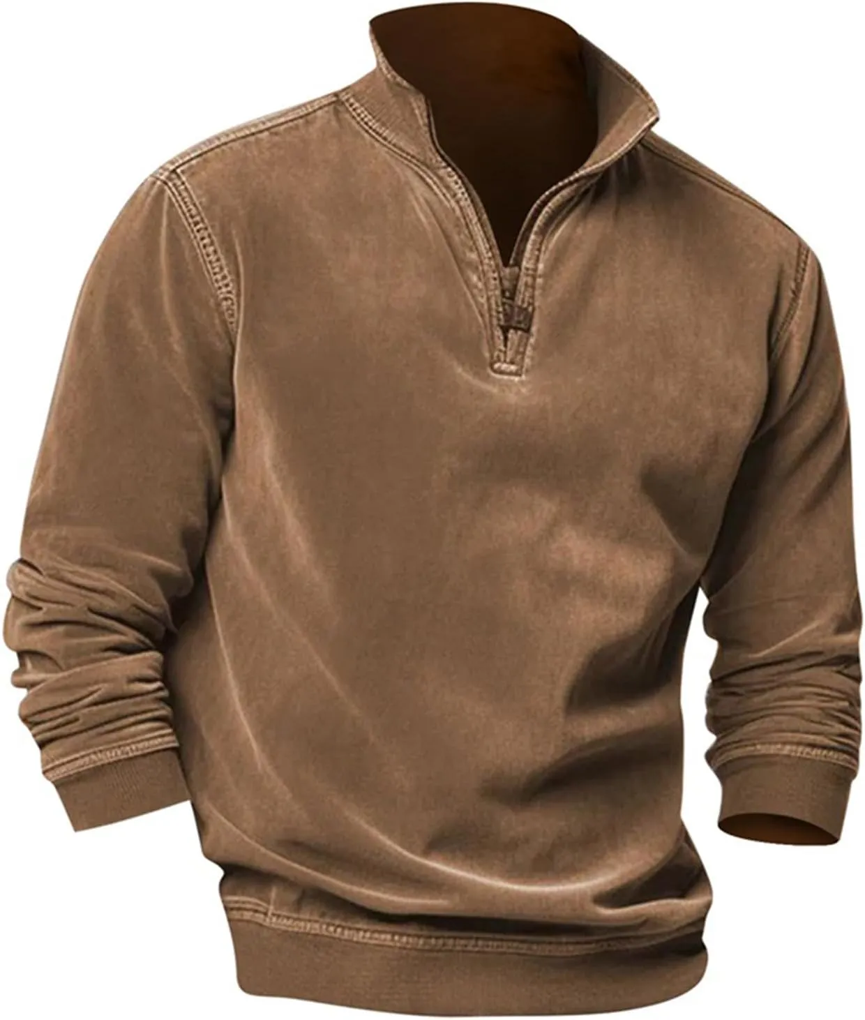 Men's Zip Collar Sweater Activewear Solid Vintage Jackets Long Sleeve Comfort Warm Sweatshirts with Elbow Patches
