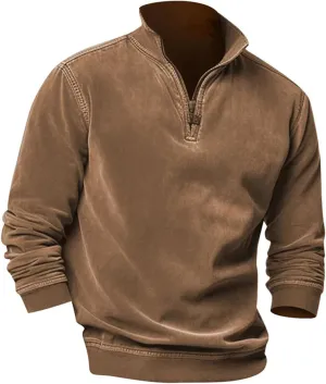 Men's Zip Collar Sweater Activewear Solid Vintage Jackets Long Sleeve Comfort Warm Sweatshirts with Elbow Patches