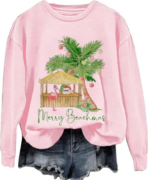 Merry Christmas Flamingo Sweatshirt Women Christmas Lights Graphic Pullovers Top Holiday Lightweight Shirts