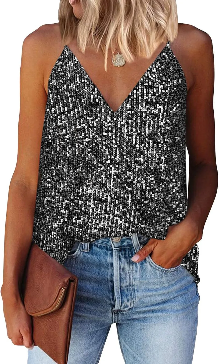 miduo Womens Tank Tops Casual Fashion V Neck Strappy Sequin Sparkle Shimmer Camisole Sleeveless Tanks Tops