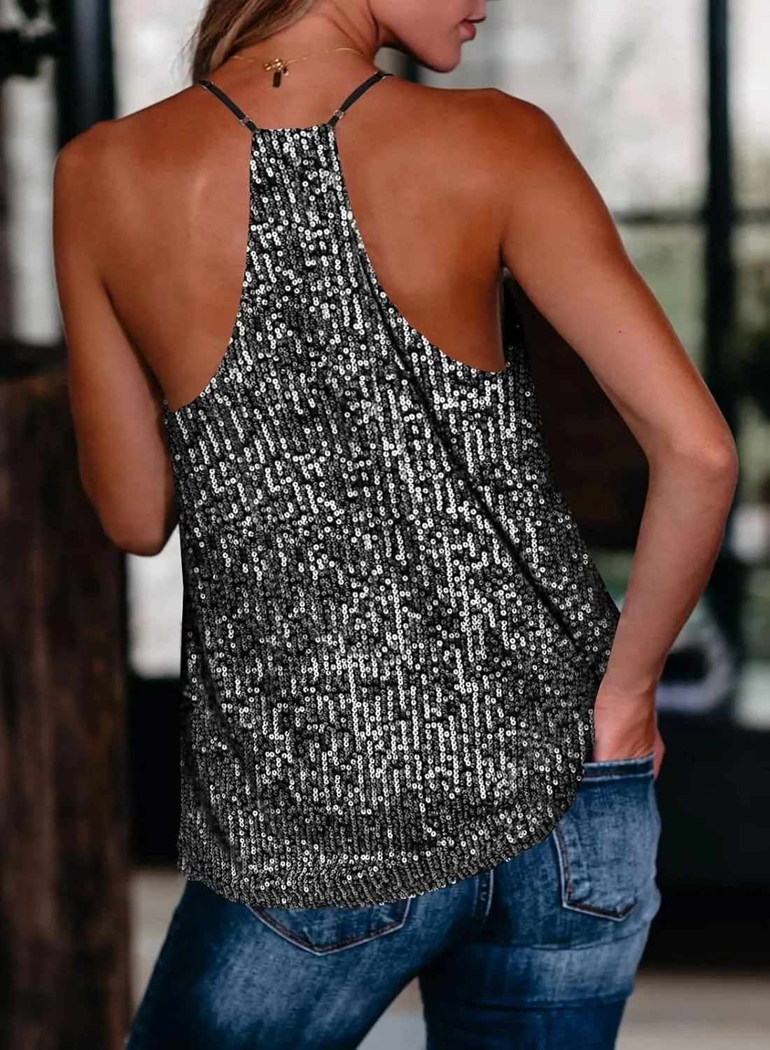 miduo Womens Tank Tops Casual Fashion V Neck Strappy Sequin Sparkle Shimmer Camisole Sleeveless Tanks Tops