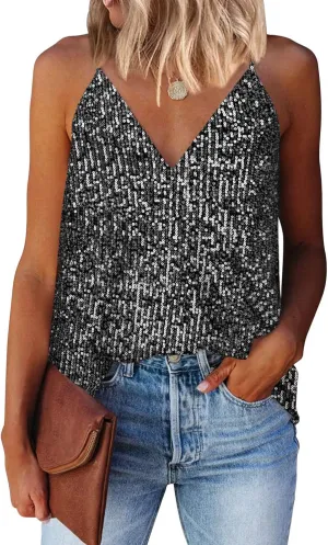 miduo Womens Tank Tops Casual Fashion V Neck Strappy Sequin Sparkle Shimmer Camisole Sleeveless Tanks Tops