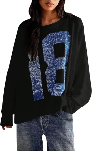 Milumia Women's Number Graphic Tee Tshirt Long Sleeve Crew Neck Sweatshirt Oversized Pullovers