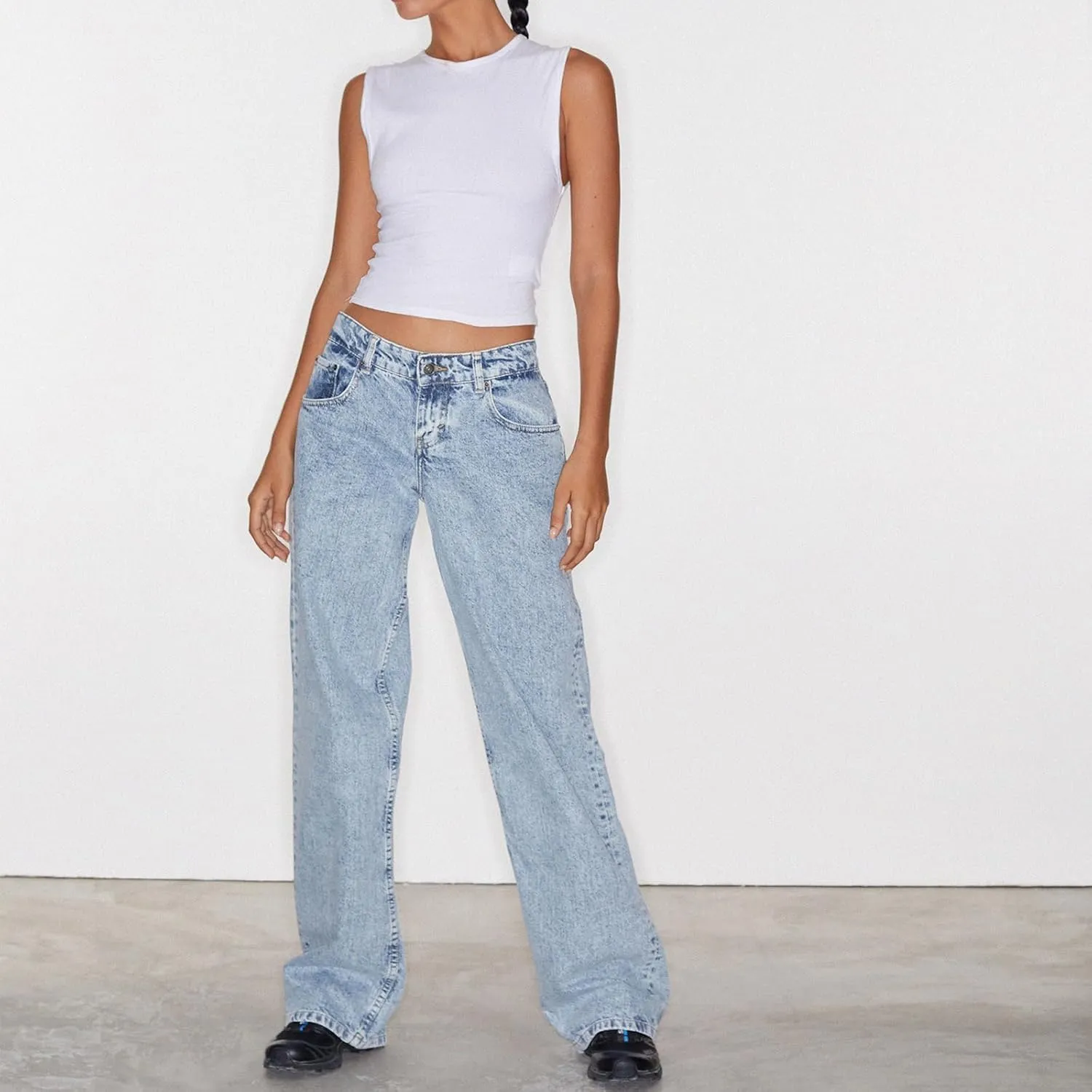 Mxiqqpltky Low Rise Jeans for Women Mom Jeans Wide Straight Leg Baggy Jeans Y2k Vintage Boyfriend Denim Pants Streetwear