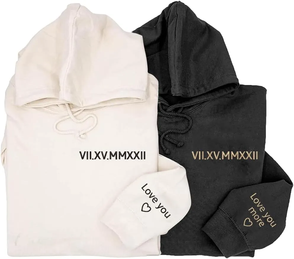 NAZENTI Custom Embroidered Roman Numeral Hoodies, Matching Hoodies for Couples, Christmas Valentines Day Gifts for Him Her