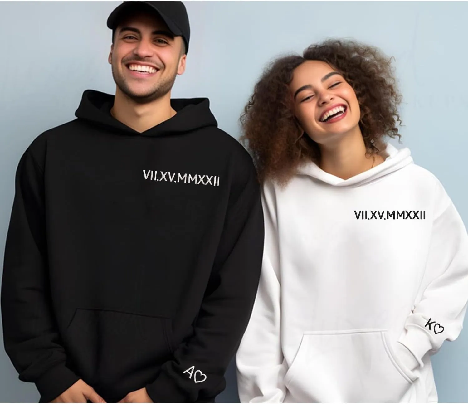 NAZENTI Custom Embroidered Roman Numeral Hoodies, Matching Hoodies for Couples, Christmas Valentines Day Gifts for Him Her