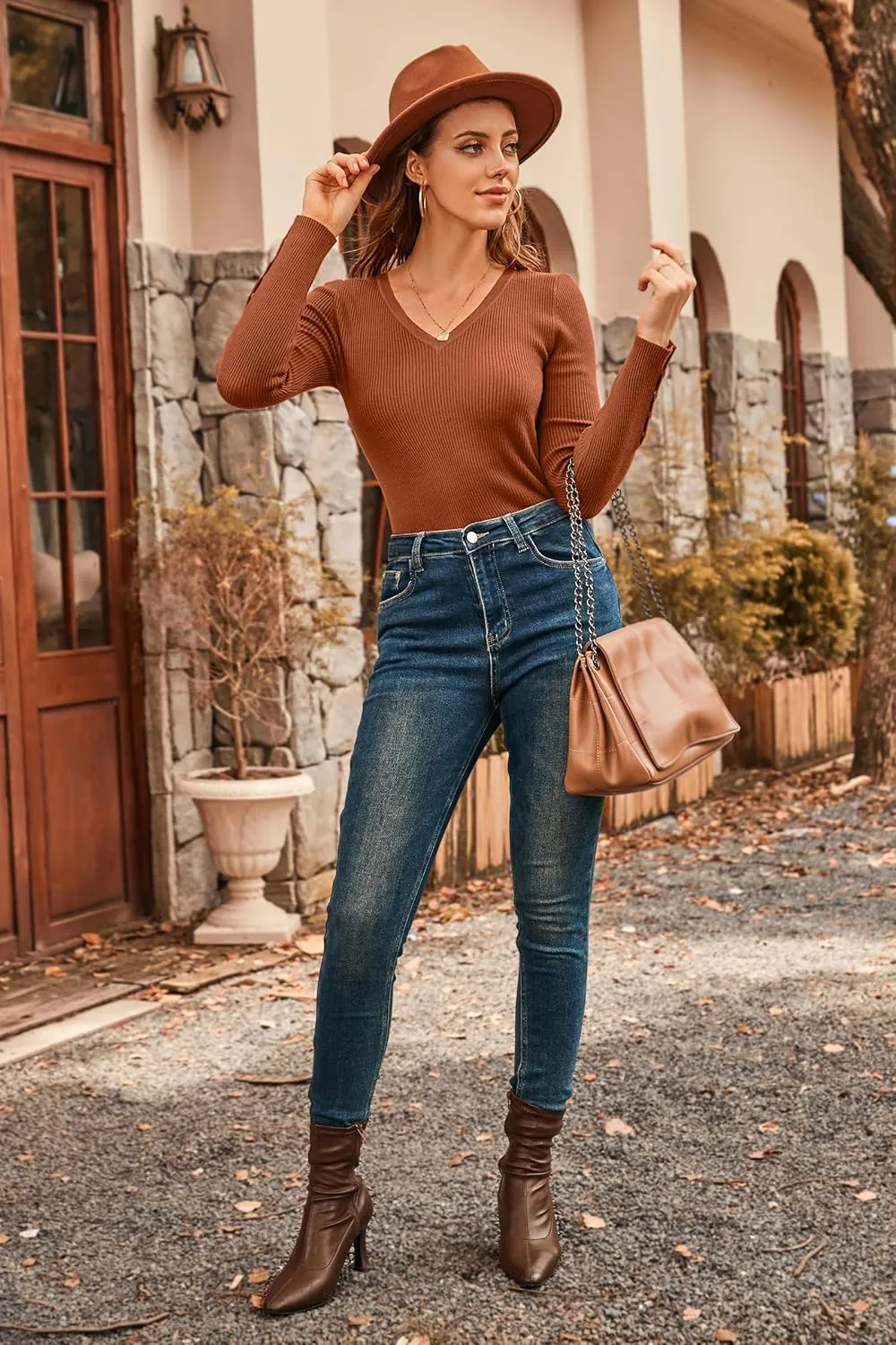Newshows Womens Sweaters Fall V Neck Pullover Long Sleeve Stretch Button Casual Ribbed Knit Tops