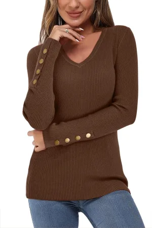 Newshows Womens Sweaters Fall V Neck Pullover Long Sleeve Stretch Button Casual Ribbed Knit Tops