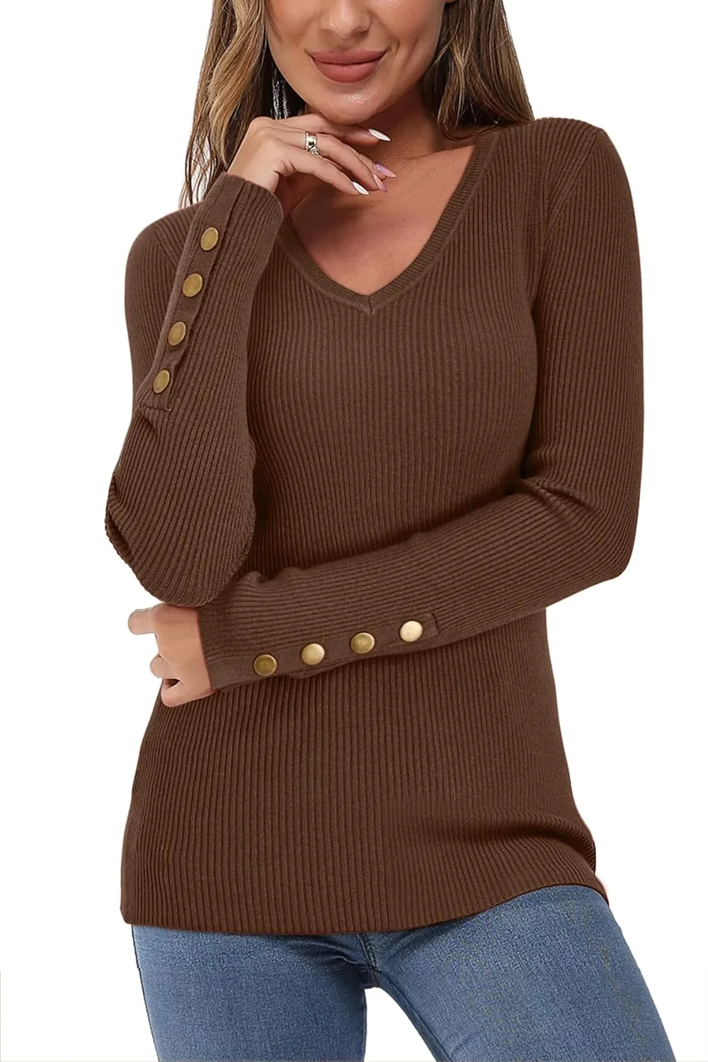 Newshows Womens Sweaters Fall V Neck Pullover Long Sleeve Stretch Button Casual Ribbed Knit Tops