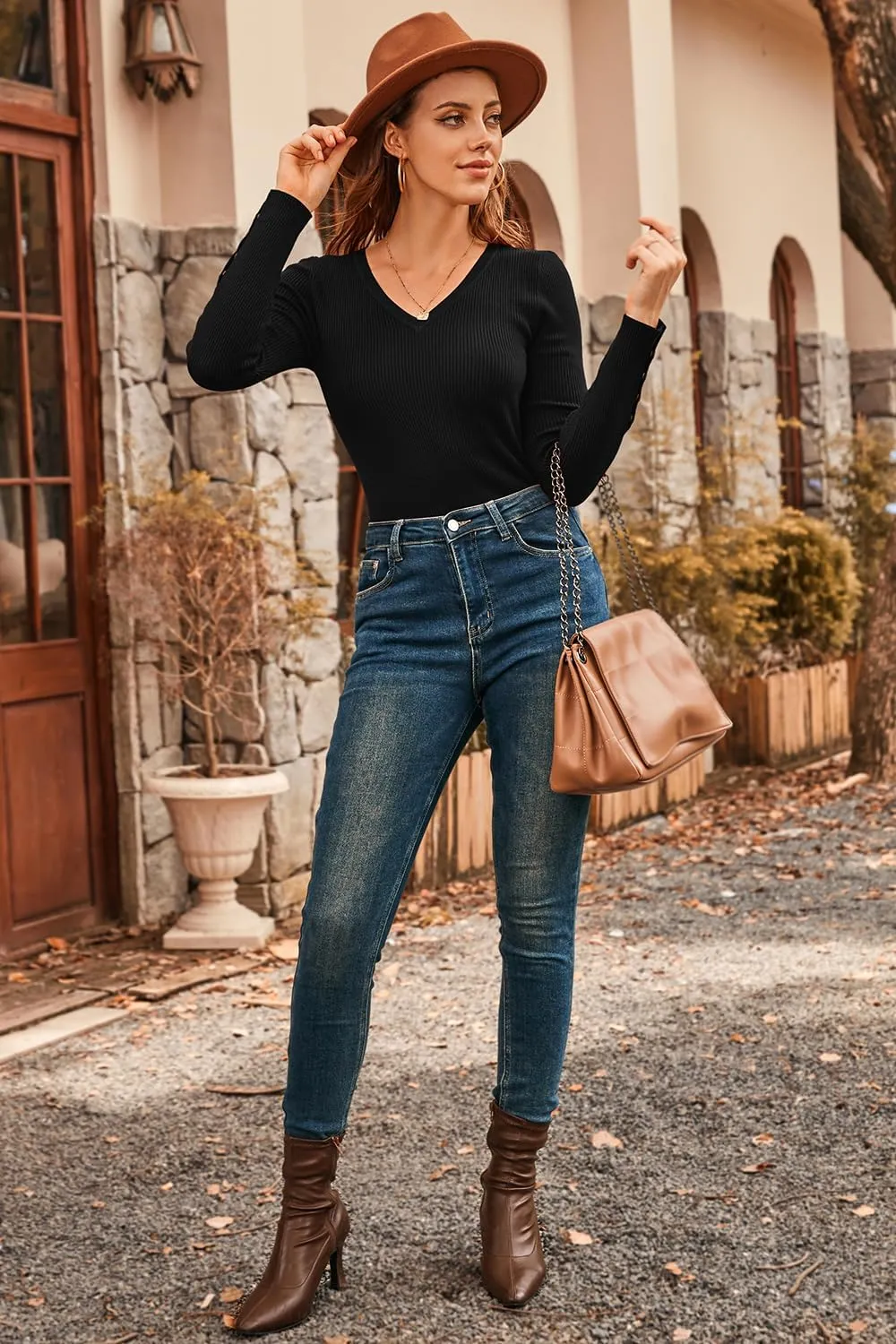 Newshows Womens Sweaters Fall V Neck Pullover Long Sleeve Stretch Button Casual Ribbed Knit Tops