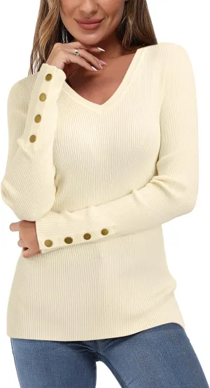 Newshows Womens Sweaters Fall V Neck Pullover Long Sleeve Stretch Button Casual Ribbed Knit Tops