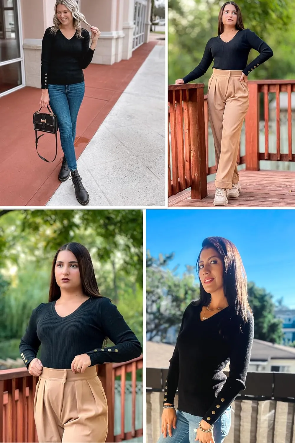 Newshows Womens Sweaters Fall V Neck Pullover Long Sleeve Stretch Button Casual Ribbed Knit Tops
