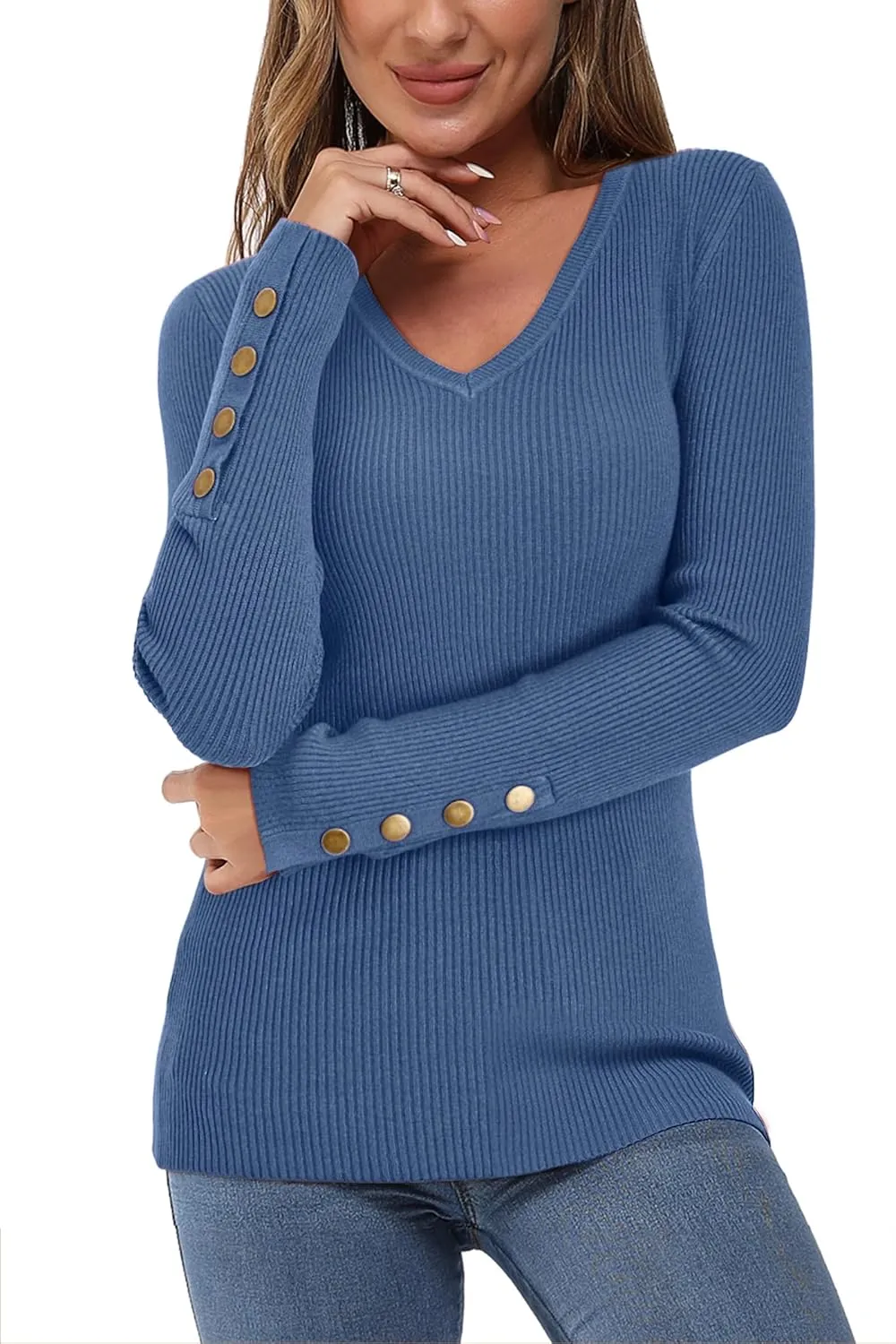 Newshows Womens Sweaters Fall V Neck Pullover Long Sleeve Stretch Button Casual Ribbed Knit Tops