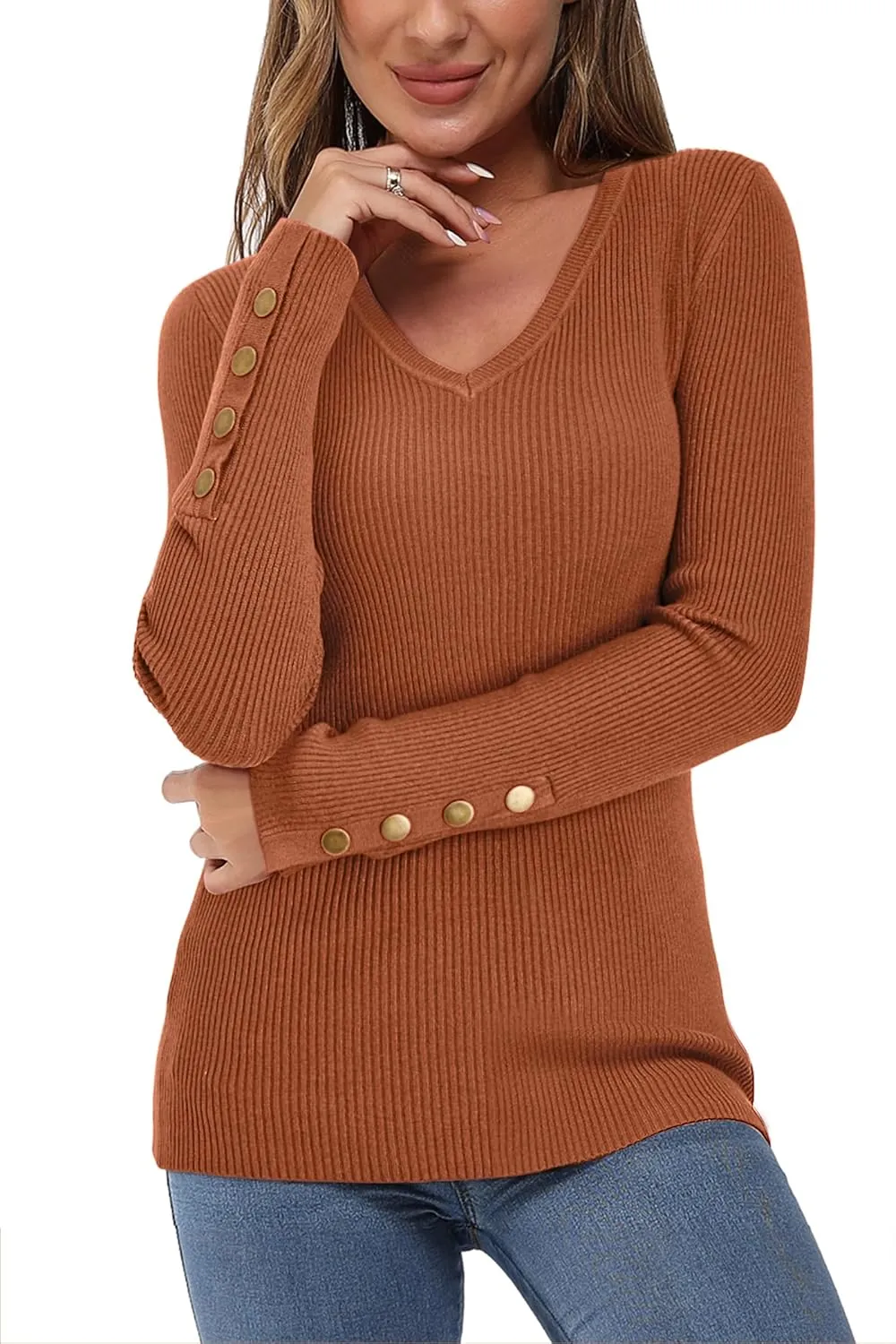 Newshows Womens Sweaters Fall V Neck Pullover Long Sleeve Stretch Button Casual Ribbed Knit Tops