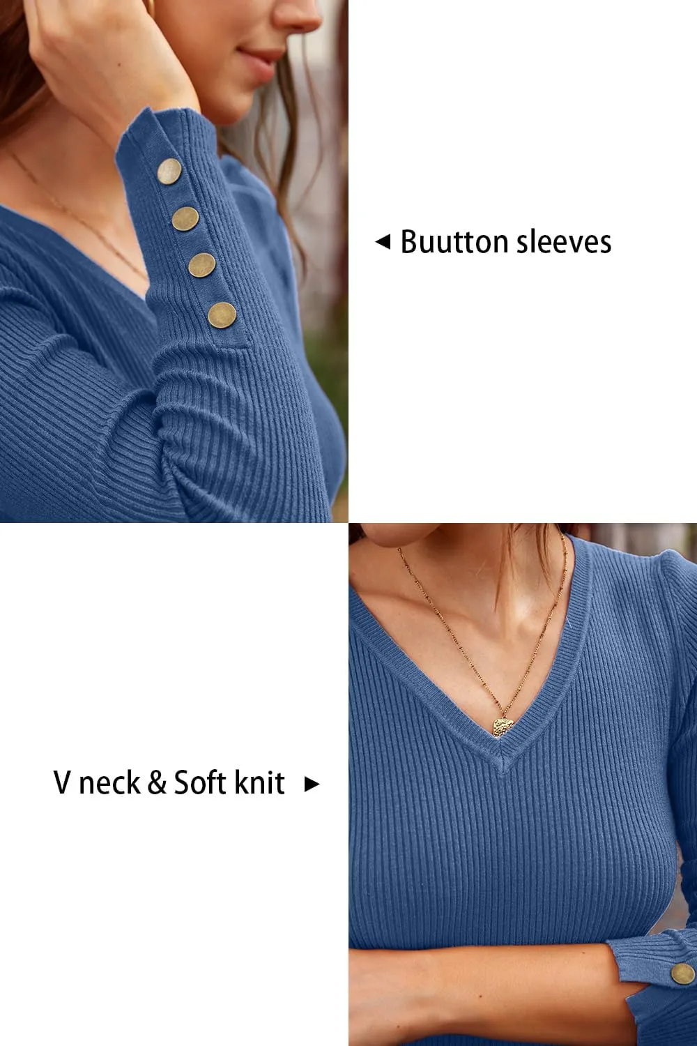 Newshows Womens Sweaters Fall V Neck Pullover Long Sleeve Stretch Button Casual Ribbed Knit Tops