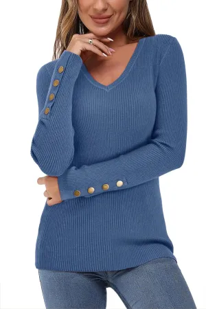 Newshows Womens Sweaters Fall V Neck Pullover Long Sleeve Stretch Button Casual Ribbed Knit Tops