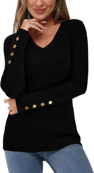 Newshows Womens Sweaters Fall V Neck Pullover Long Sleeve Stretch Button Casual Ribbed Knit Tops