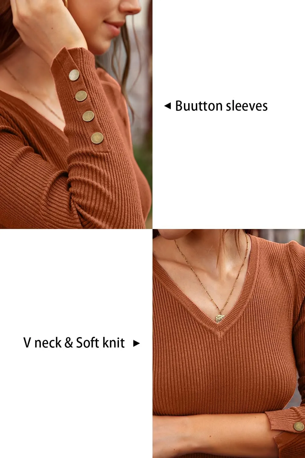 Newshows Womens Sweaters Fall V Neck Pullover Long Sleeve Stretch Button Casual Ribbed Knit Tops