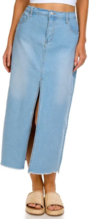 NO COMMENT Juniors Denim Maxi Skirt Medium Light Denim