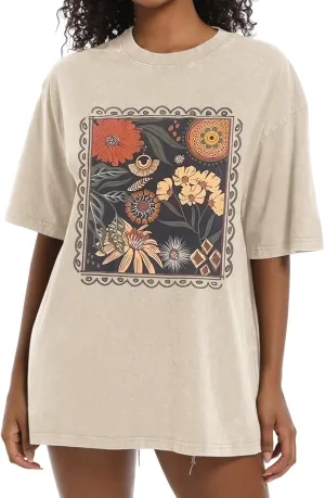 Oversized Floral Shirts for Women Vintage Boho Graphic Tees Retro Acid Wash Printed Tshirt Groovy Wildflower Tops