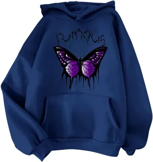 Oversized Sweatshirt For Womens Graphic Butterfly Print Fall Casual Hoodie Drawstring Sweatshirt Pullover With Pockets