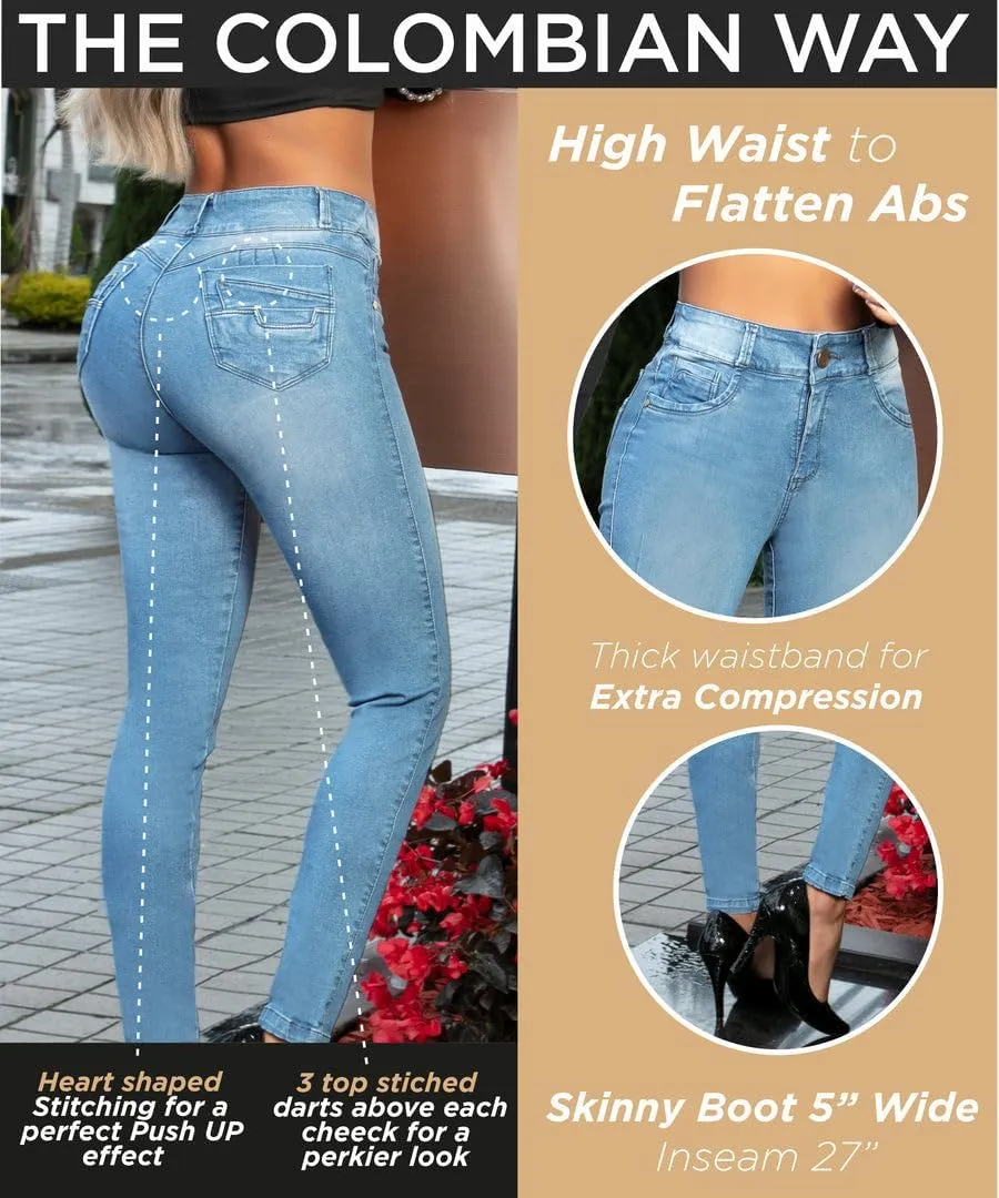 Pantalones Colombianos Levanta Cola | Butt Lifting Jeans for Women Colombian Jeans for Women Butt Lift Boot Cut Jeans Blue