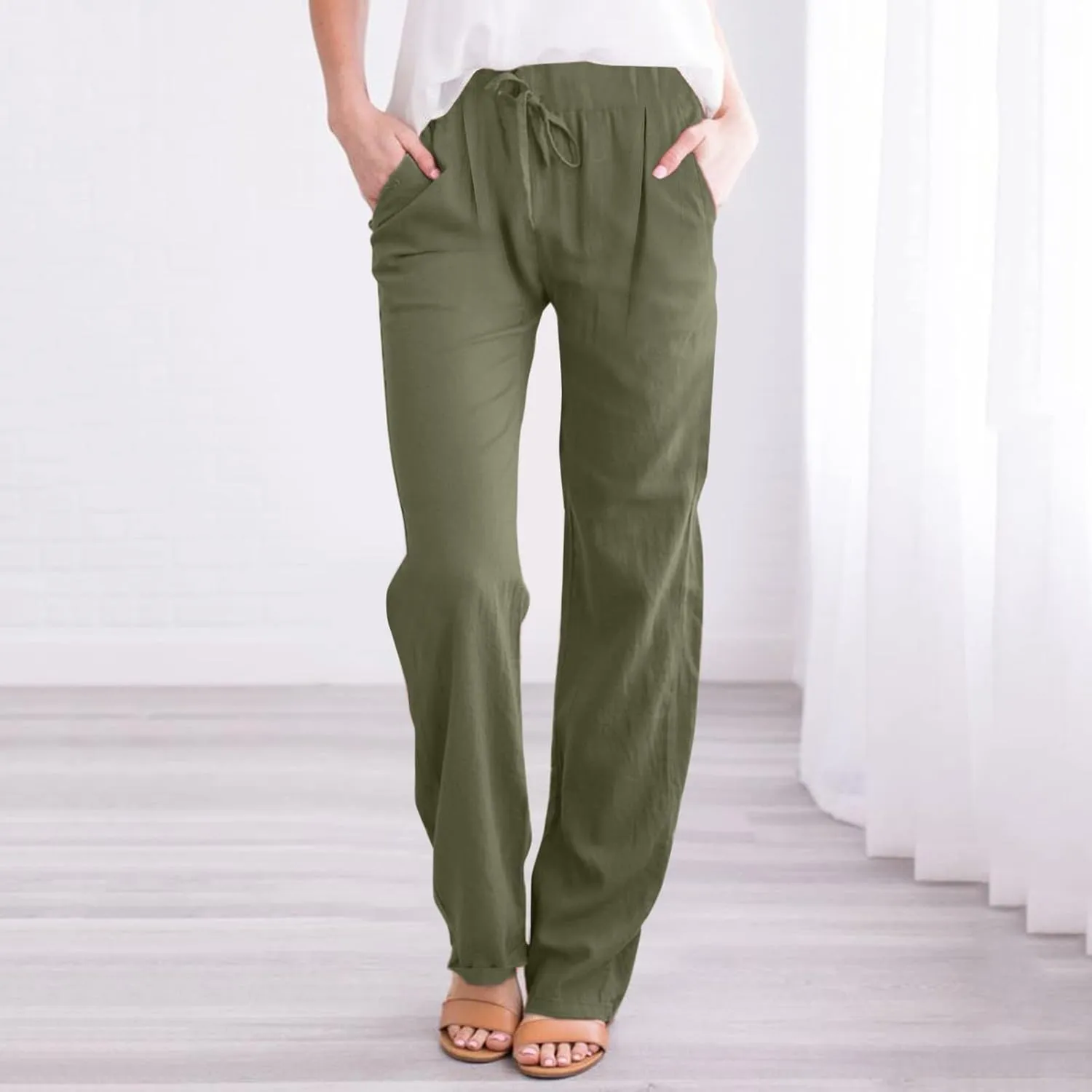 Plus Size Womens Pants Linen Drawstring Casual Summer Pants Woman Relax Fit Comfortable Beach Trousers with Pockets