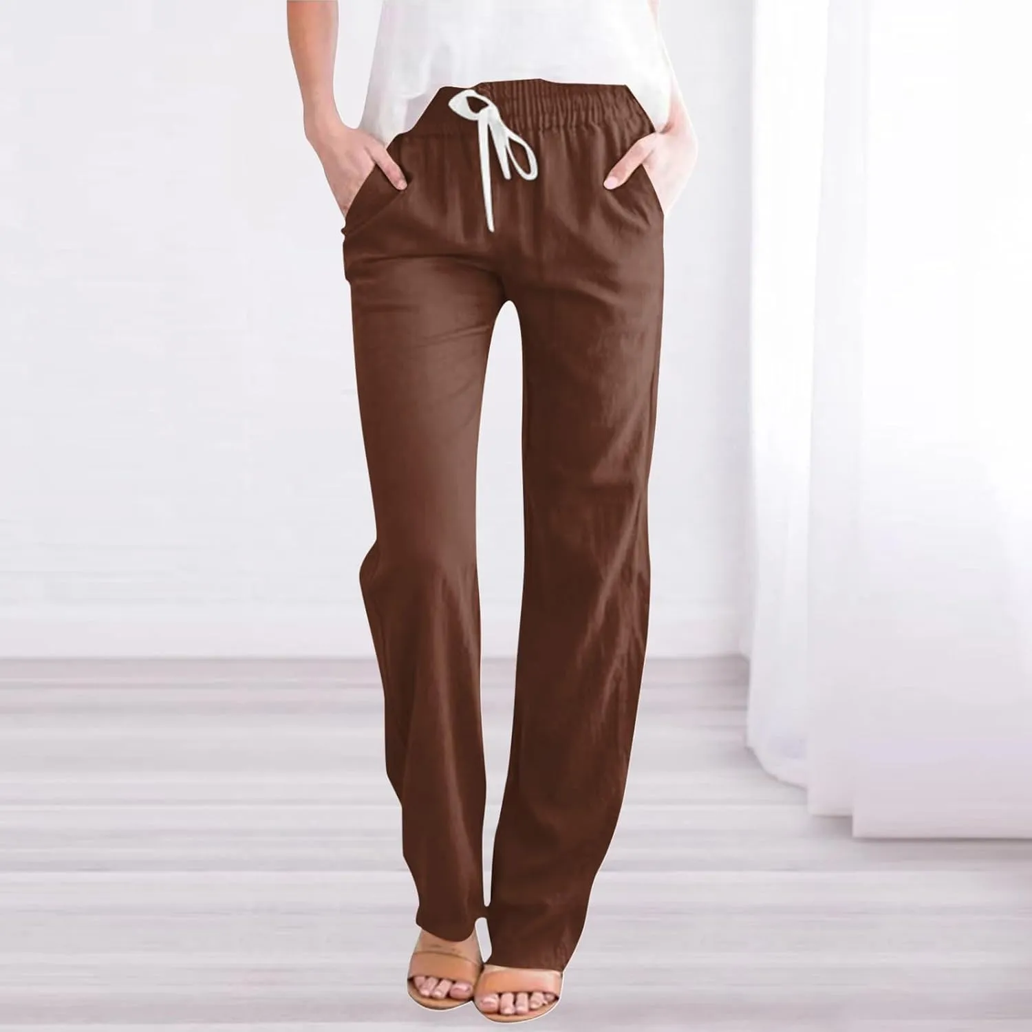 Plus Size Womens Pants Linen Drawstring Casual Summer Pants Woman Relax Fit Comfortable Beach Trousers with Pockets
