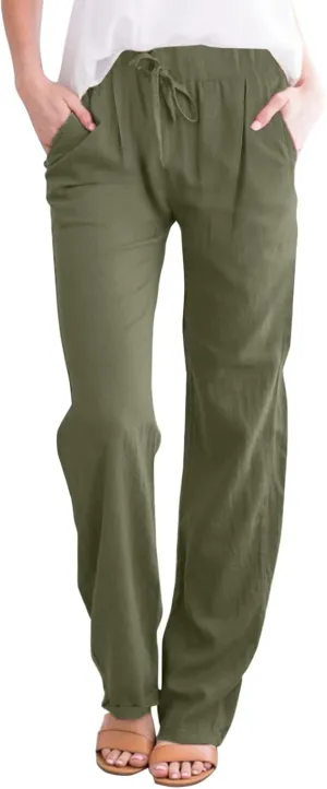 Plus Size Womens Pants Linen Drawstring Casual Summer Pants Woman Relax Fit Comfortable Beach Trousers with Pockets