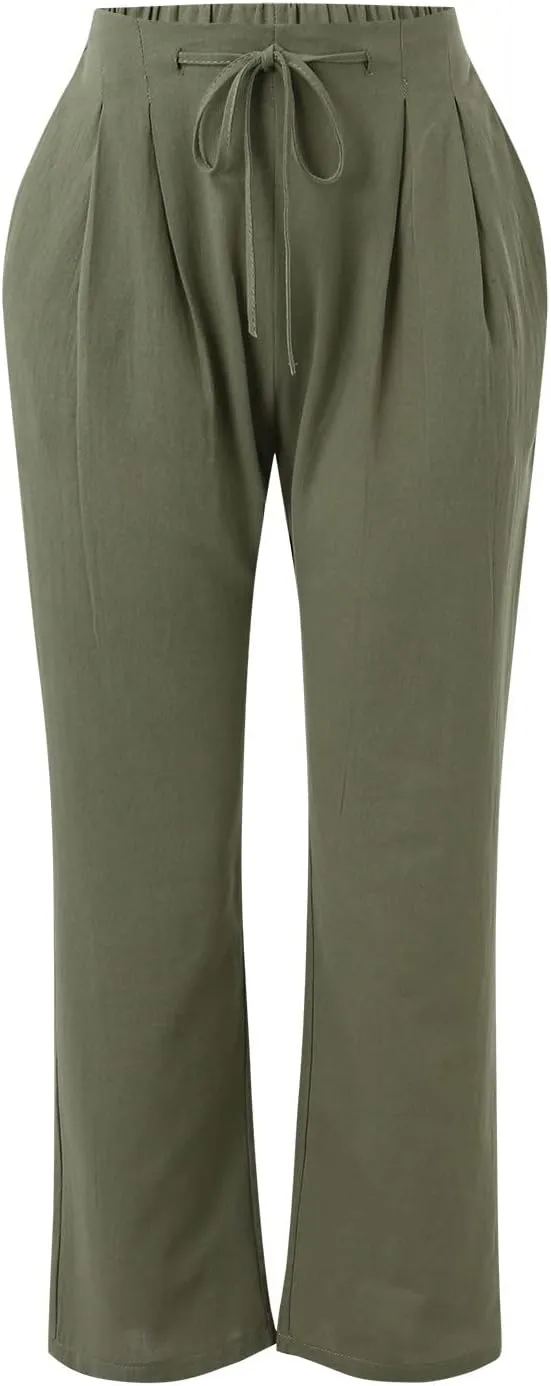 Plus Size Womens Pants Linen Drawstring Casual Summer Pants Woman Relax Fit Comfortable Beach Trousers with Pockets