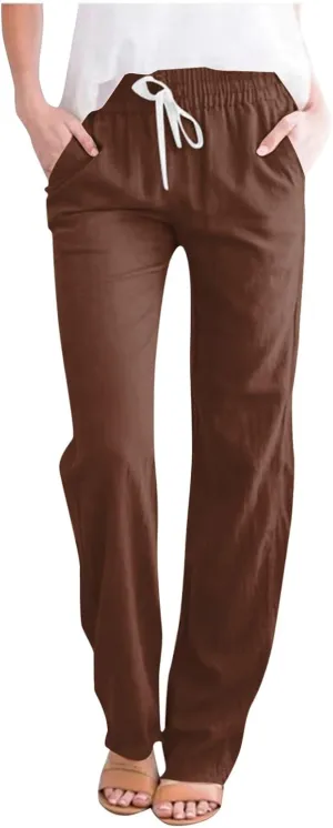 Plus Size Womens Pants Linen Drawstring Casual Summer Pants Woman Relax Fit Comfortable Beach Trousers with Pockets