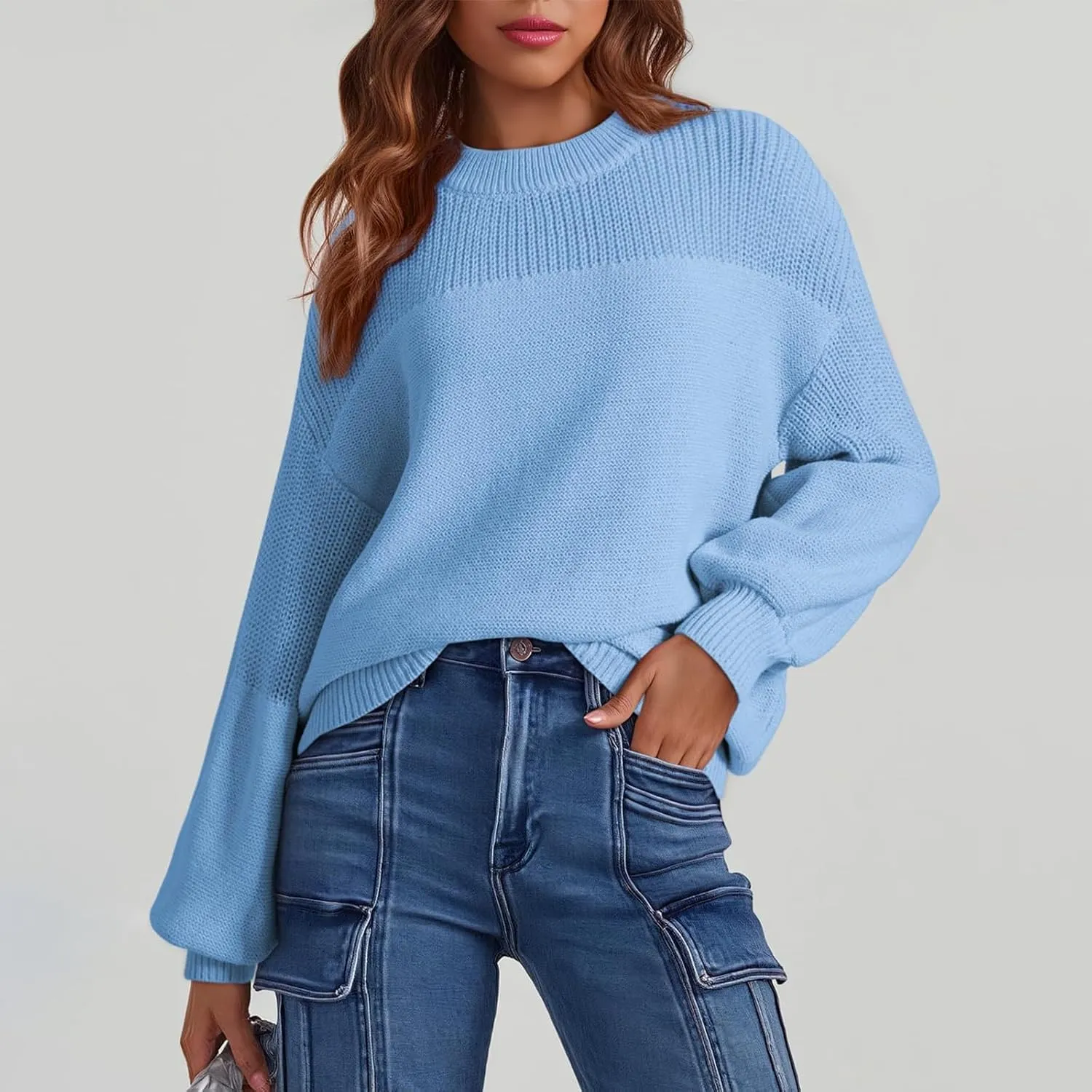 Pullover Sweaters for Women Crewneck Long Sleeve Knitted Sweaters Comfy Chunky Knit Sweaters Tops