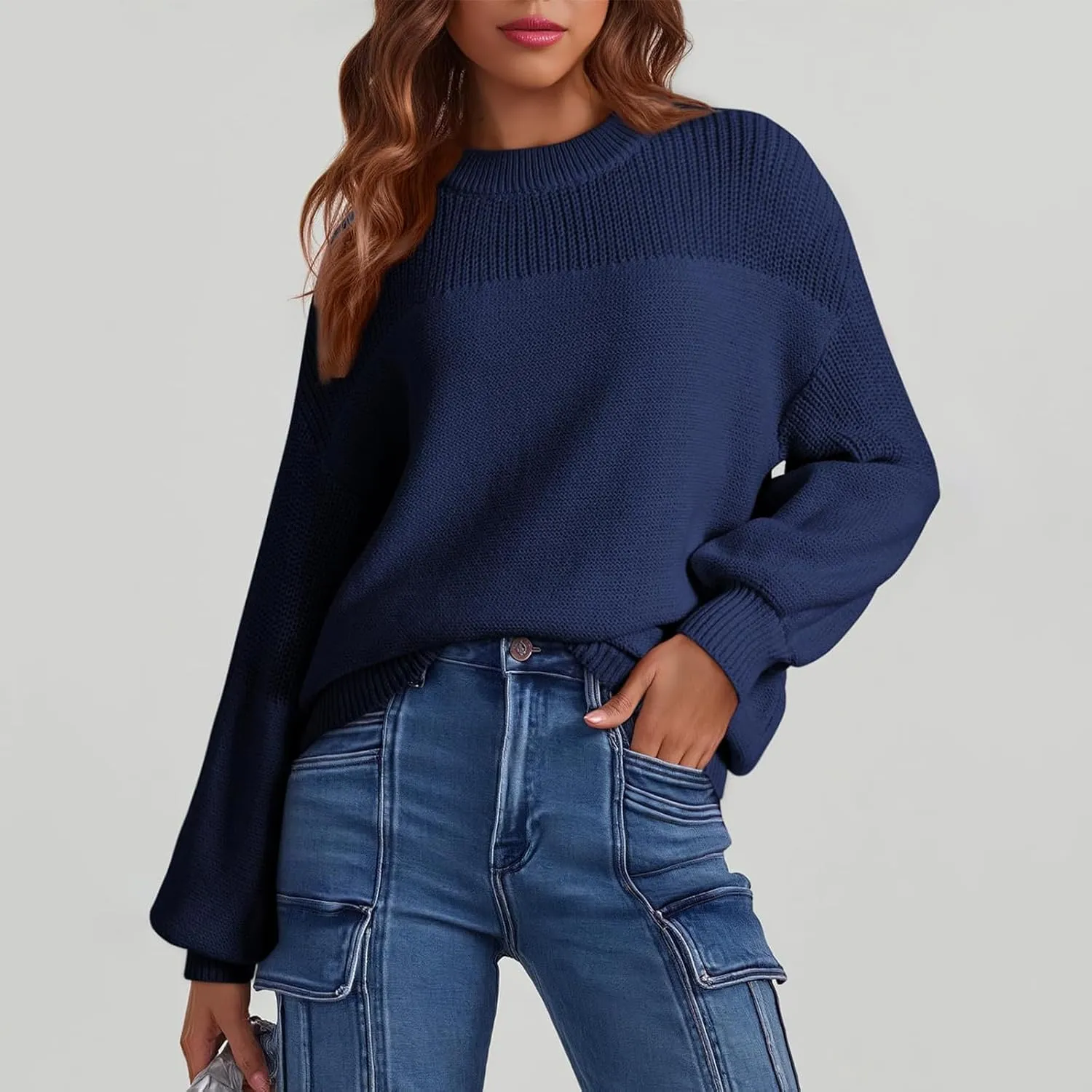 Pullover Sweaters for Women Crewneck Long Sleeve Knitted Sweaters Comfy Chunky Knit Sweaters Tops