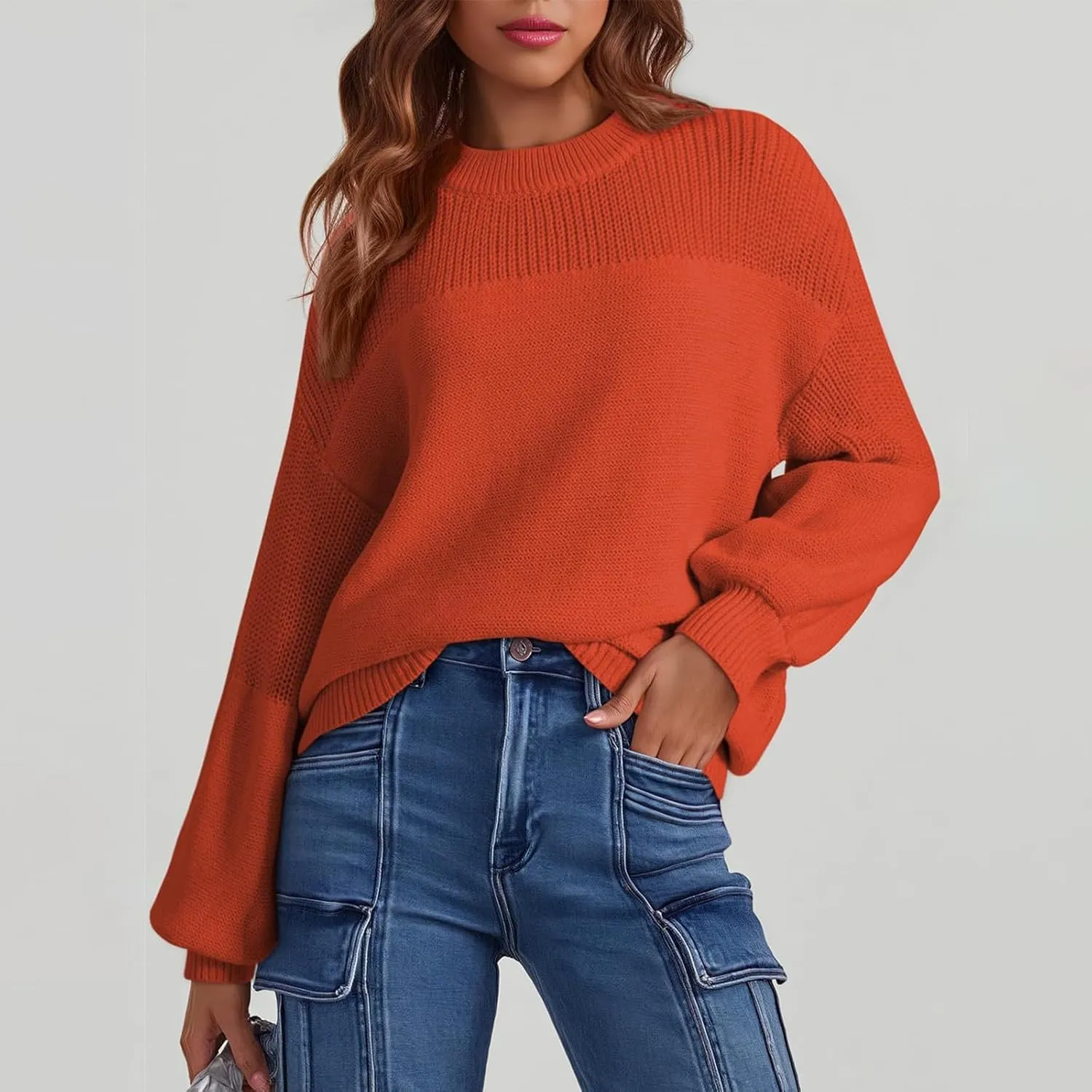 Pullover Sweaters for Women Crewneck Long Sleeve Knitted Sweaters Comfy Chunky Knit Sweaters Tops