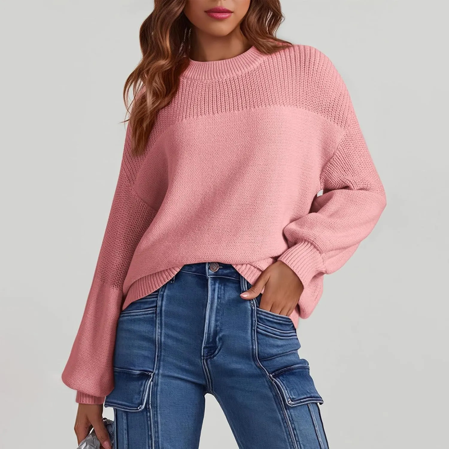 Pullover Sweaters for Women Crewneck Long Sleeve Knitted Sweaters Comfy Chunky Knit Sweaters Tops