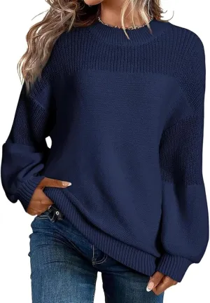 Pullover Sweaters for Women Crewneck Long Sleeve Knitted Sweaters Comfy Chunky Knit Sweaters Tops