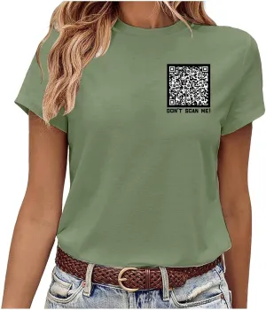 QR Code Shirts for Women Oversized Casual Crewneck Shorts Sleeve Pullover Tops Scan for A Fun Message T-Shirt